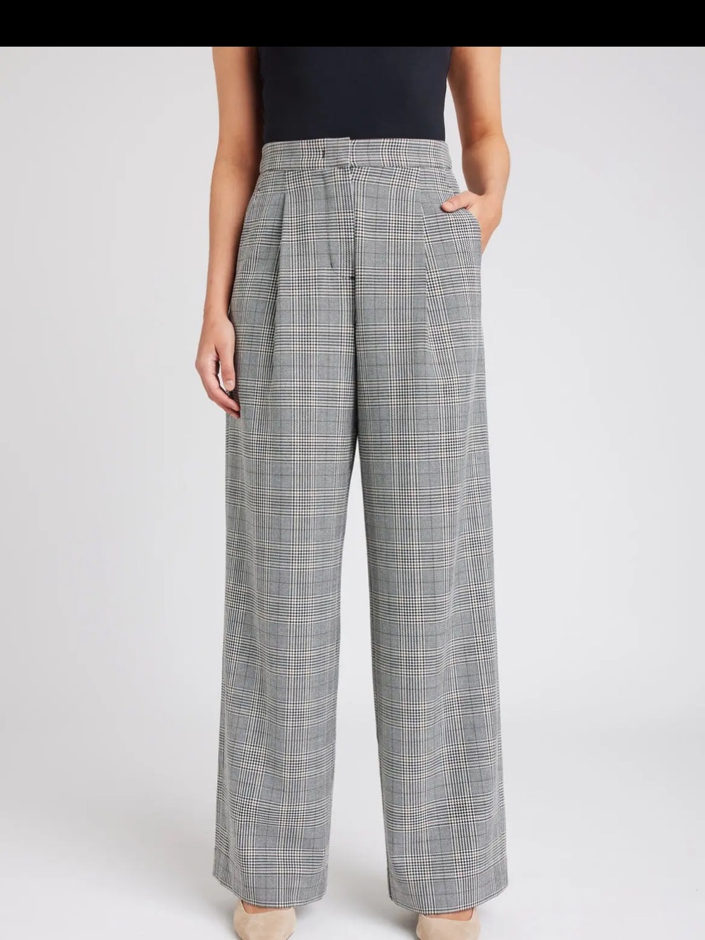 Kit and Ace Black and Gray Plaid Wide-Leg Trousers